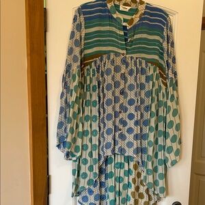 Asymmetrical Button-Front high-Lo Tunic  in beautiful Blue and Green Print
